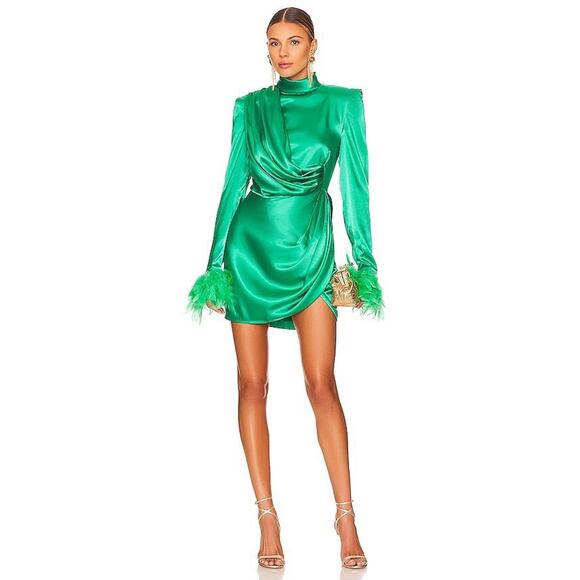 Bronx and Banco Nadine Mini Dress Emerald Green Silk Feather L - Picture 1 of 5